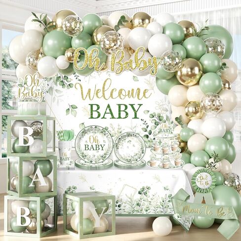 286 Pcs Sage Green Baby Shower Decorations Set-Serves 25 Guests -All-in-One Gender Neutral Party Supplies Kit Includes Balloon Arch, Backdrop, Tableware Set, and Sash in Saudi Arabia