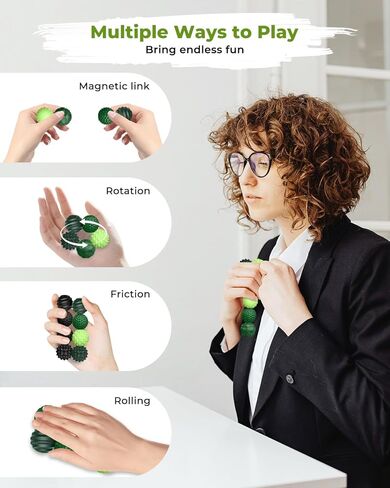 12 Pack Silicone Magnetic Sensory Fidget Balls for Adults and Teens(14+), Silent Office Desk Stress Balls, Fun Textured Design, Suitable for Autism, ADHD, Anxiety (Black & Green) in Kuwait