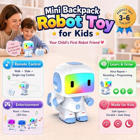Robot Toys for Kids Ages 3-6, Mini Backpack Remote Control Robot with Voice Recording & Repeat, LED Light-Up Face, Music Dance, Programmable Actions, STEM Toy Gifts for Boys Girls in Kuwait