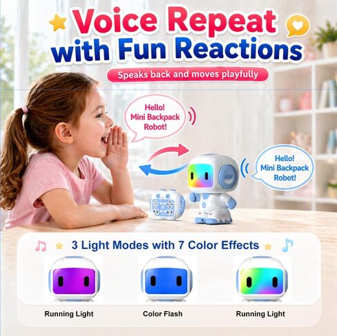 Robot Toys for Kids Ages 3-6, Mini Backpack Remote Control Robot with Voice Recording & Repeat, LED Light-Up Face, Music Dance, Programmable Actions, STEM Toy Gifts for Boys Girls in Kuwait