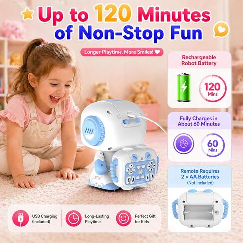 Robot Toys for Kids Ages 3-6, Mini Backpack Remote Control Robot with Voice Recording & Repeat, LED Light-Up Face, Music Dance, Programmable Actions, STEM Toy Gifts for Boys Girls in Kuwait
