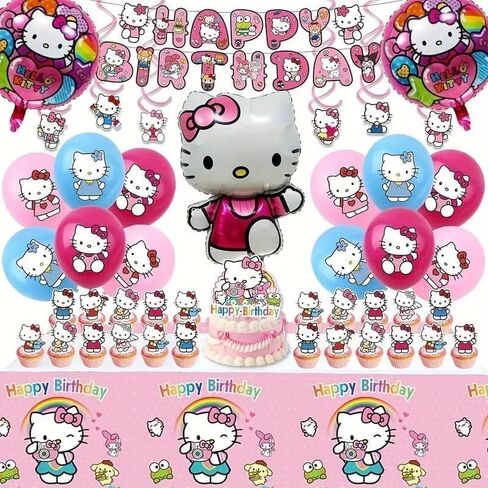48Pcs - Kitty Birthday Party Decorations Set, with Banner, Balloons, Cake Topper, Cupcake Toppers, Hanging Swirls, Tablecloth in Saudi Arabia