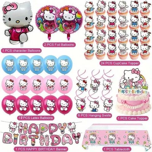 48Pcs - Kitty Birthday Party Decorations Set, with Banner, Balloons, Cake Topper, Cupcake Toppers, Hanging Swirls, Tablecloth in Saudi Arabia