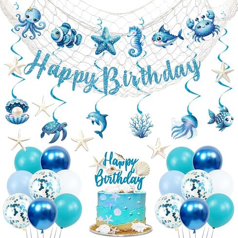 Trgowaul Ocean Theme Birthday Decorations for Girls, Sea Animals Birthday Party Supplies, Fish Hanging Swirls, Seashell Cake Topper, Starfish Cards, Fishing Net, Latex Balloon, Summer Beach Party Set in Saudi Arabia