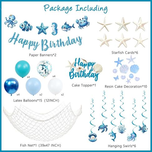 Trgowaul Ocean Theme Birthday Decorations for Girls, Sea Animals Birthday Party Supplies, Fish Hanging Swirls, Seashell Cake Topper, Starfish Cards, Fishing Net, Latex Balloon, Summer Beach Party Set in Saudi Arabia