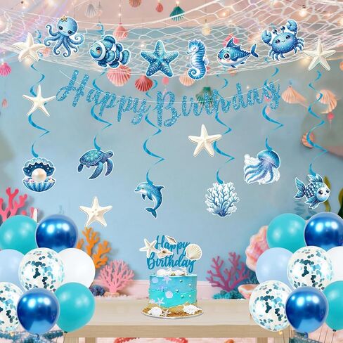 Trgowaul Ocean Theme Birthday Decorations for Girls, Sea Animals Birthday Party Supplies, Fish Hanging Swirls, Seashell Cake Topper, Starfish Cards, Fishing Net, Latex Balloon, Summer Beach Party Set in Saudi Arabia