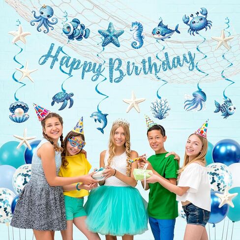Trgowaul Ocean Theme Birthday Decorations for Girls, Sea Animals Birthday Party Supplies, Fish Hanging Swirls, Seashell Cake Topper, Starfish Cards, Fishing Net, Latex Balloon, Summer Beach Party Set in Saudi Arabia