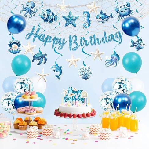 Trgowaul Ocean Theme Birthday Decorations for Girls, Sea Animals Birthday Party Supplies, Fish Hanging Swirls, Seashell Cake Topper, Starfish Cards, Fishing Net, Latex Balloon, Summer Beach Party Set in Saudi Arabia