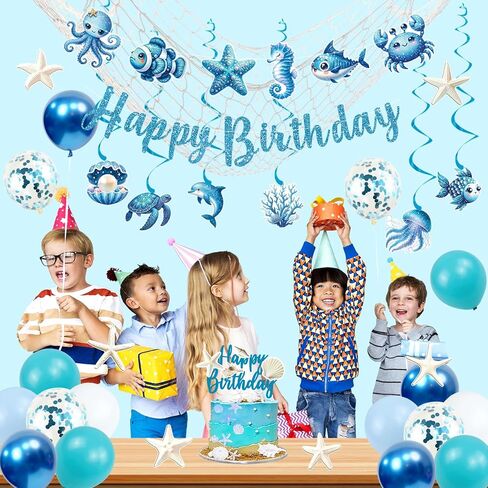 Trgowaul Ocean Theme Birthday Decorations for Girls, Sea Animals Birthday Party Supplies, Fish Hanging Swirls, Seashell Cake Topper, Starfish Cards, Fishing Net, Latex Balloon, Summer Beach Party Set in Saudi Arabia