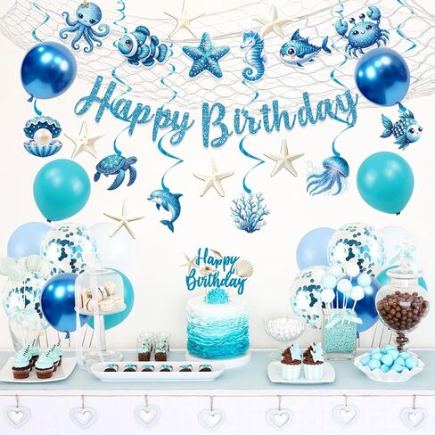 Trgowaul Ocean Theme Birthday Decorations for Girls, Sea Animals Birthday Party Supplies, Fish Hanging Swirls, Seashell Cake Topper, Starfish Cards, Fishing Net, Latex Balloon, Summer Beach Party Set in Saudi Arabia