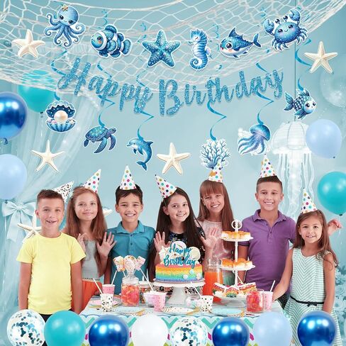Trgowaul Ocean Theme Birthday Decorations for Girls, Sea Animals Birthday Party Supplies, Fish Hanging Swirls, Seashell Cake Topper, Starfish Cards, Fishing Net, Latex Balloon, Summer Beach Party Set in Saudi Arabia