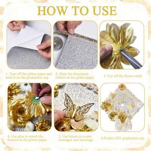 مجموعة 52 قطعة من زينة قبعة التخرج DIY، زينة قبعة التخرج مع ملصقات أحجار الراين والزهور الصناعية ملصقات أرقام الحروف الأبجدية وقوس الفراشة ثلاثية الأبعاد لمستلزمات حفلات التخرج لعام 2026 (أبيض) in Kuwait