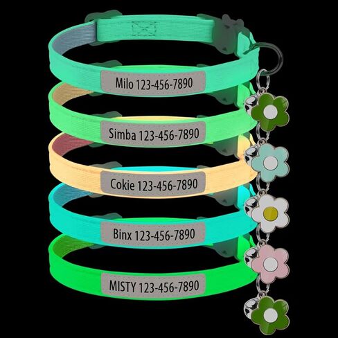 Personalised Glow in The Dark Cat Collar with Bell Flower Decoration, Custom UV-Printed Name & Phone Number, Luminous Adjustable Cat Collar Breakaway (Fluorescent Glow) in Saudi Arabia