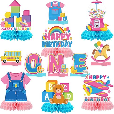 Rachell Teacher 1st Birthday Decorations - 12 Pcs Cartoon English Teacher Honeycomb Centerpieces Rachel Girls Rainbow ABC Bus Table Decorations for Fans 1 Year Old Birthday Party Decor in Kuwait