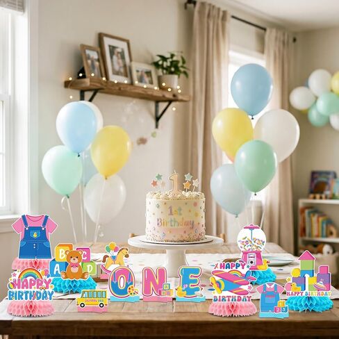 Rachell Teacher 1st Birthday Decorations - 12 Pcs Cartoon English Teacher Honeycomb Centerpieces Rachel Girls Rainbow ABC Bus Table Decorations for Fans 1 Year Old Birthday Party Decor in Kuwait