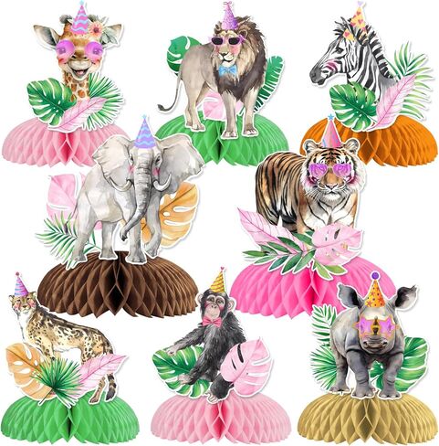 8 Pieces Jungle Animal Honeycomb Centerpieces Pink for Girls, Safari Themed Birthday Party Decorations, Wild Animal Theme Table Toppers Decors Baby Shower Party Supplies in Kuwait