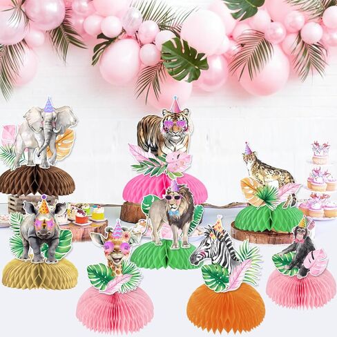 8 Pieces Jungle Animal Honeycomb Centerpieces Pink for Girls, Safari Themed Birthday Party Decorations, Wild Animal Theme Table Toppers Decors Baby Shower Party Supplies in Kuwait