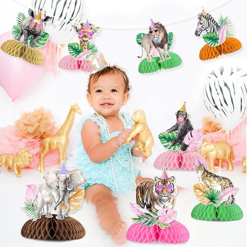 8 Pieces Jungle Animal Honeycomb Centerpieces Pink for Girls, Safari Themed Birthday Party Decorations, Wild Animal Theme Table Toppers Decors Baby Shower Party Supplies in Kuwait