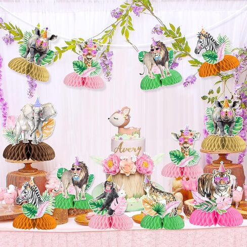 8 Pieces Jungle Animal Honeycomb Centerpieces Pink for Girls, Safari Themed Birthday Party Decorations, Wild Animal Theme Table Toppers Decors Baby Shower Party Supplies in Kuwait