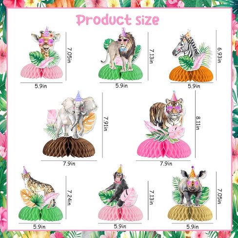 8 Pieces Jungle Animal Honeycomb Centerpieces Pink for Girls, Safari Themed Birthday Party Decorations, Wild Animal Theme Table Toppers Decors Baby Shower Party Supplies in Kuwait