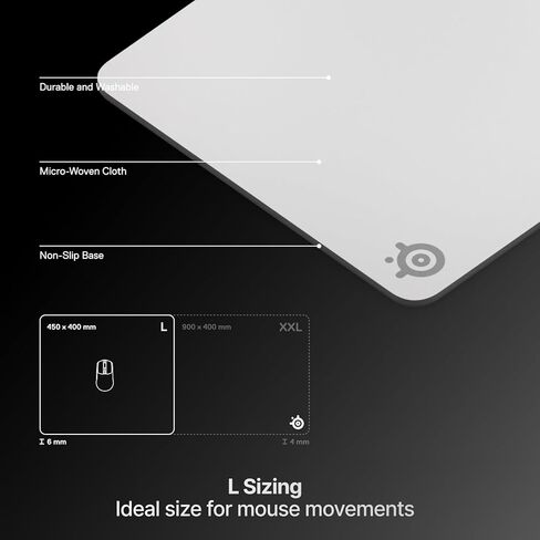 لوحة ماوس الألعاب الثقيلة SteelSeries QcK — قاعدة مطاطية سيليكون أكثر سمكًا وغير قابلة للانزلاق، تتبع الذروة، مثالية للألعاب FPS، MOBAs، RTS، MMO — حجم كبير 450 مم × 400 مم × 6 مم — أبيض in Kuwait
