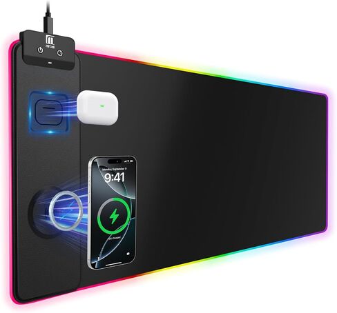 Mouse Pad with Magnetic Wireless Charging, Large Desk Pad Protector, RGB Black Desk Mat with 15W Fast Charger, Non-Slip Waterproof Mousepad for Office Home Gaming (XL-31.5x11.8 Black with PD Adapter) in Kuwait