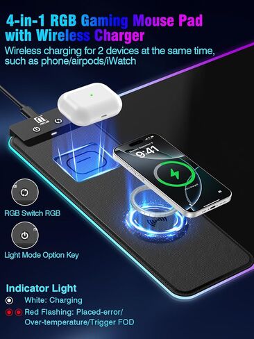Mouse Pad with Magnetic Wireless Charging, Large Desk Pad Protector, RGB Black Desk Mat with 15W Fast Charger, Non-Slip Waterproof Mousepad for Office Home Gaming (XL-31.5x11.8 Black with PD Adapter) in Kuwait
