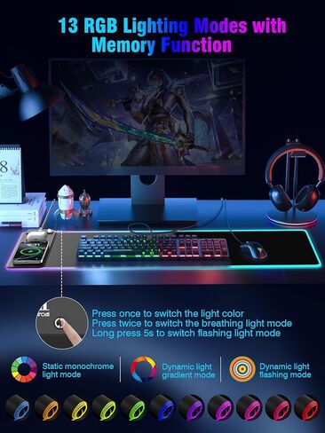 Mouse Pad with Magnetic Wireless Charging, Large Desk Pad Protector, RGB Black Desk Mat with 15W Fast Charger, Non-Slip Waterproof Mousepad for Office Home Gaming (XL-31.5x11.8 Black with PD Adapter) in Kuwait