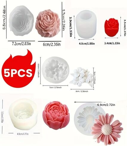 Set of 5 Flower Series Silicone Candle Molds with Rose Bud Rose Peony Daisy Egg Blossoms for DIY Candles Resin Soap Making Home Decor Holiday Gift in Saudi Arabia