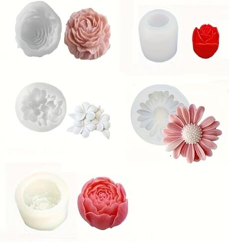 Set of 5 Flower Series Silicone Candle Molds with Rose Bud Rose Peony Daisy Egg Blossoms for DIY Candles Resin Soap Making Home Decor Holiday Gift in Saudi Arabia