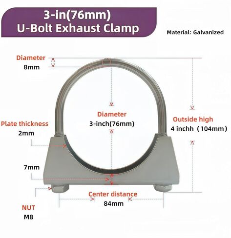 Exhaust U-Bolt Clamp Galvanized Carbon Steel Heavy Duty Muffler Clamp, Saddle Style for Exhaust System Repair & Diesel/Gas Pipes (silvery，3Inch) in Saudi Arabia