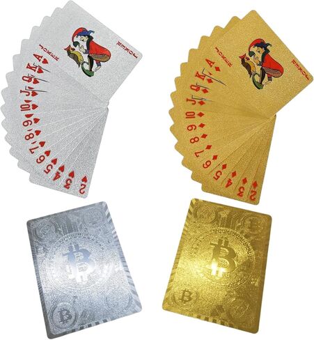 2 Pack Bitcoin Waterproof Playing Cards, Gold & Silver Foil PET Plastic Poker Deck, 2.25 x 3.43 Inch Durable Washable Crypto-Themed Cards for Poker, Game Night & Gifts in Saudi Arabia
