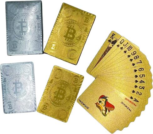 2 Pack Bitcoin Waterproof Playing Cards, Gold & Silver Foil PET Plastic Poker Deck, 2.25 x 3.43 Inch Durable Washable Crypto-Themed Cards for Poker, Game Night & Gifts in Saudi Arabia