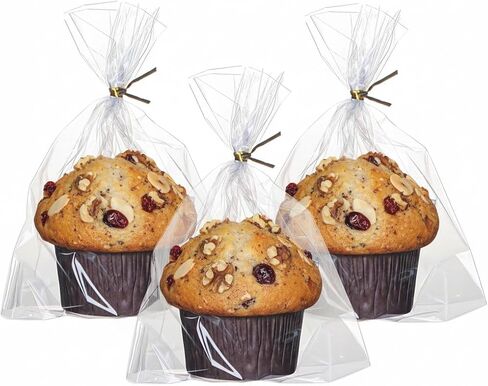 JCXGRVC 100 Pack 6"x7"x2.4" Cellophane Muffin Packaging with Gold Twist Ties Pro Grade Flat Bottom Design for Macarons Cupcakes Chocolate Treats Cookies Strawberries Reusable Resealable Bakery Bag in Saudi Arabia