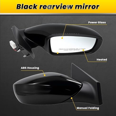 Right Passenger Side Door Mirror Assembly Compatible with 2011 2012 2013 2014 Sonata with Power Glass & Manual Folding and Heated Gloss Black HY1321166 87610-3Q010 (5Pins) in Kuwait