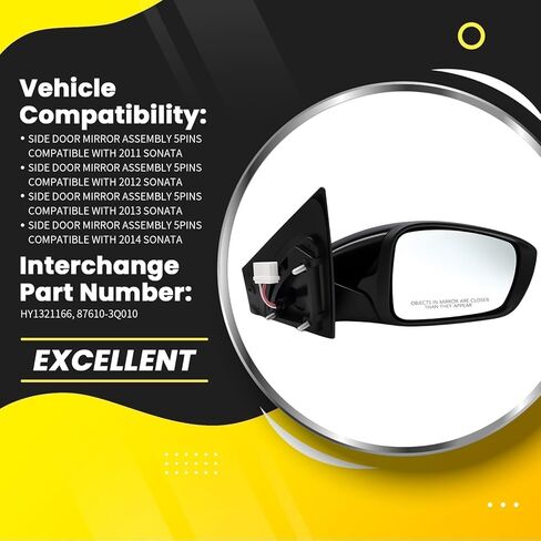 Right Passenger Side Door Mirror Assembly Compatible with 2011 2012 2013 2014 Sonata with Power Glass & Manual Folding and Heated Gloss Black HY1321166 87610-3Q010 (5Pins) in Kuwait