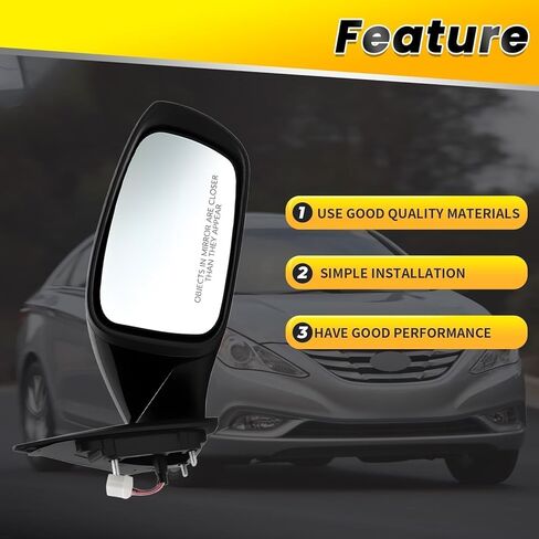 Right Passenger Side Door Mirror Assembly Compatible with 2011 2012 2013 2014 Sonata with Power Glass & Manual Folding and Heated Gloss Black HY1321166 87610-3Q010 (5Pins) in Kuwait