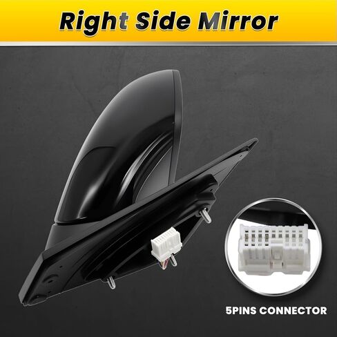 Right Passenger Side Door Mirror Assembly Compatible with 2011 2012 2013 2014 Sonata with Power Glass & Manual Folding and Heated Gloss Black HY1321166 87610-3Q010 (5Pins) in Kuwait