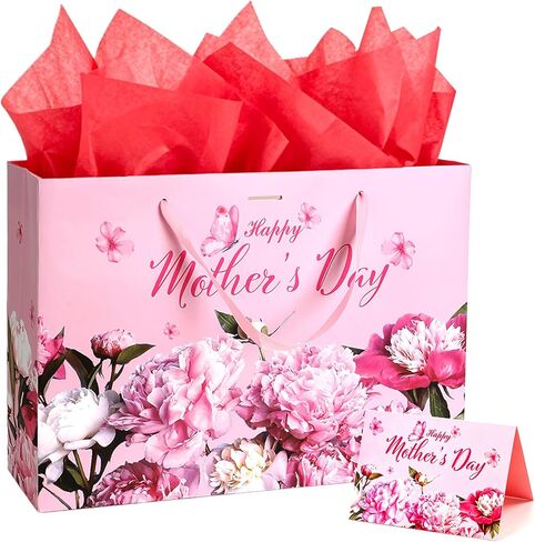Mothers Day Gift Bag, 13" Large Paper Happy Mother's Day Flower Gift Bag with Tissue Paper and Card, Floral Gifts Goodie Bags with Handles for Mom Grandma Nana Sisters Mother's Day Party Decorations in Saudi Arabia