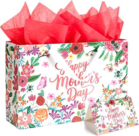 Mothers Day Gift Bag, 13" Large Paper Happy Mother's Day Flower Gift Bag with Tissue Paper and Card, Floral Gifts Goodie Bags with Handles for Mom Grandma Nana Sisters Mother's Day Party Decorations in Saudi Arabia