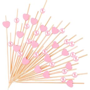 200 Pcs Pink Pearl Cocktail Picks Appetizers Picks Heart Toothpicks 4.7 Inch Sandwich Fruit Toothpicks Bamboo Decorations for Cocktail Skewers Dessert Cute Food Baby Shower Wedding Valentines
