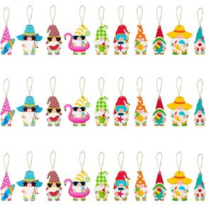 WATINC 31Pcs Sunflower Gnome Hanging Wooden Ornament Set, Summer Gnome Element Plaid Pendant Crafts Decor Supplies, Wood Tags Embellishments with Rope for Holiday Hawaiian Party Decoration (10 Styles)