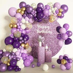 Amandir 150Pcs Purple Balloons Garland Arch Kit, Light Pastel Purple Gold White Balloons Confetti Latex Metallic Balloons for Women Birthday Baby Shower Wedding Party Decorations Supplies