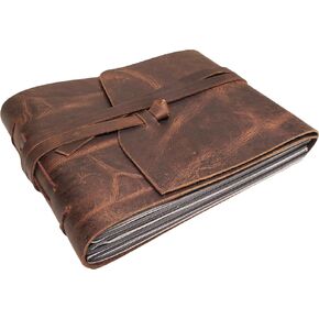 Small Vintage Leather Photo Album with Gift Box - Scrapbook Style Black Pages - Holds 50 4x6 or 5x7 Photos - Memory Book