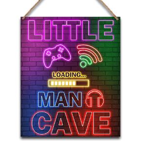 Little Man Cave, Neon Gaming Wooden Door Sign for Little Gamer Boy Room Decor, Bedroom Nursery Playroom Hanging Decorations (8x10") - C03