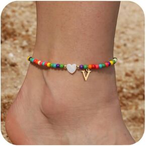 Honsny Ankle Bracelets for Women Initial Anklets Waterproof Boho Beaded Dainty Ankle Bracelets for Teen Girls Letter Heart Handmade Adjustable Foot Chain Anklet Summer Vacation Colorful Jewelry Gift