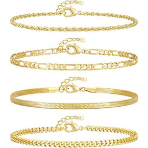 Gold Ankle Bracelets for Women 14K Gold Plated Waterproof Figaro Cuban Link Chain Anklets Set Adjustable Stackable Layered Dainty Ankle for Women Girl Jewelry Gifts 8" | 8.5" | 9"