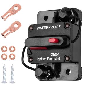 250 Amp Marine Circuit Breaker Surface Mount for Trolling Motor Trailer RV Car Boat Marine ATV Audio System Fuses with Manually Reset Switch Button, 12V - 48V DC, Waterproof 250A dc Breakers