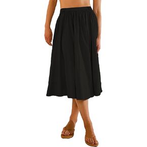 Women's Trendy Elastic Waist Midi Pleated Skirts A Line Loose Fit Solid Summer High Waist Flowy Skirt with Pockets
