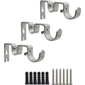 Double Curtain Rod Bracket 3 Pack Metal Curtain Rod Holders for Wall Sturdy Curtain Hook for 1 Inch Curtain Rod Silver Wall Mounted Curtain Rod Hooks for Home Office
